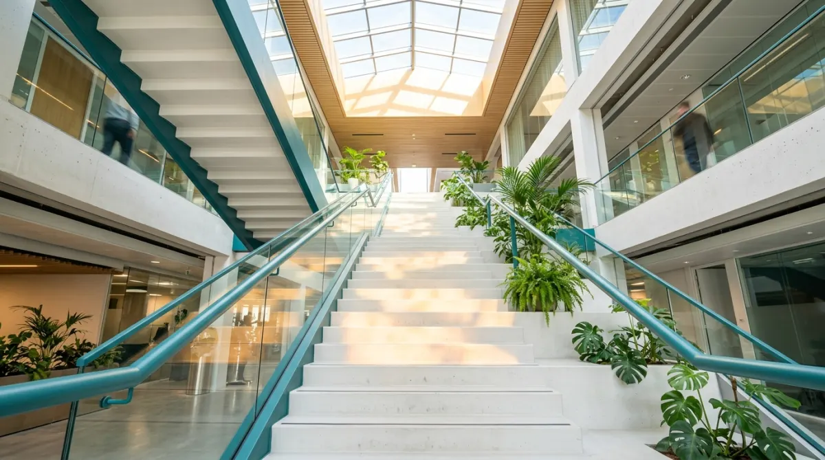 Step-by-step pathway through a modern financial district representing the bridging loan process