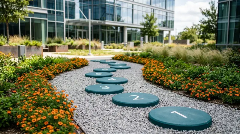 Eight numbered stepping stones on a pathway representing the stages of the bridging loan process