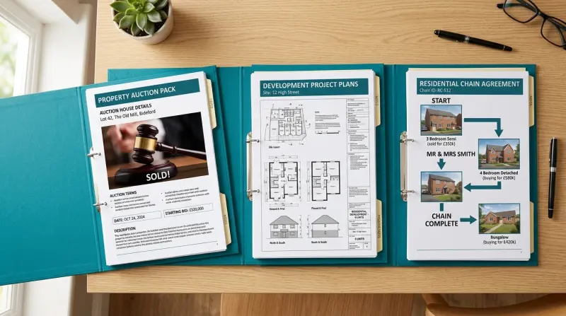 Three property deal folders on a desk showing different bridging loan scenarios from auction to development to chain break