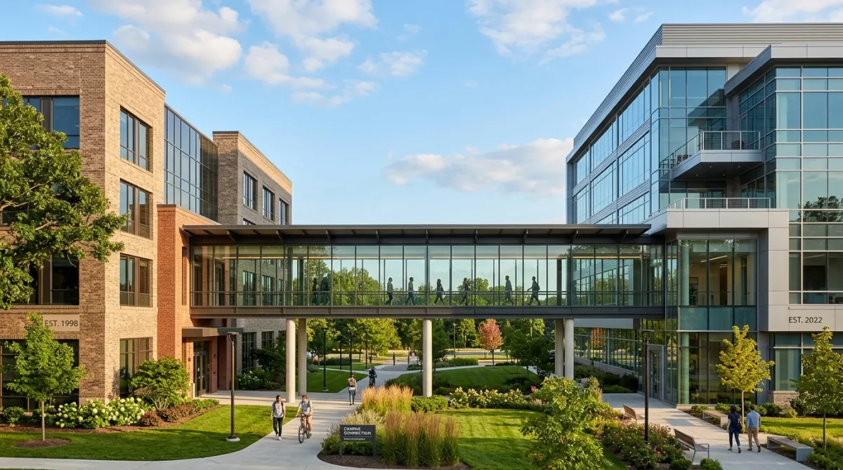 Two modern buildings connected by a glass walkway representing transitioning between facilities