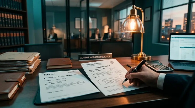 Solicitor desk with legal documents and Land Registry title deed