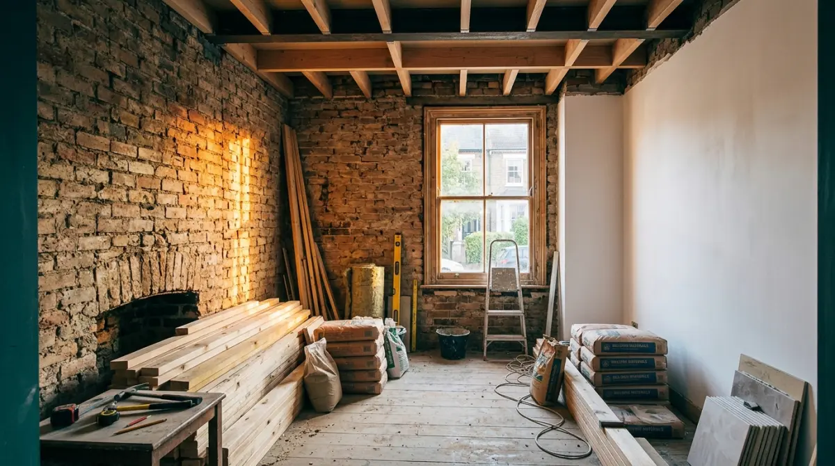 Property renovation in progress showing exposed brick walls and new construction materials in a period building
