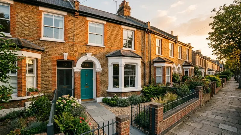 Completed refurbishment of a UK terraced house exterior with fresh paintwork and landscaping