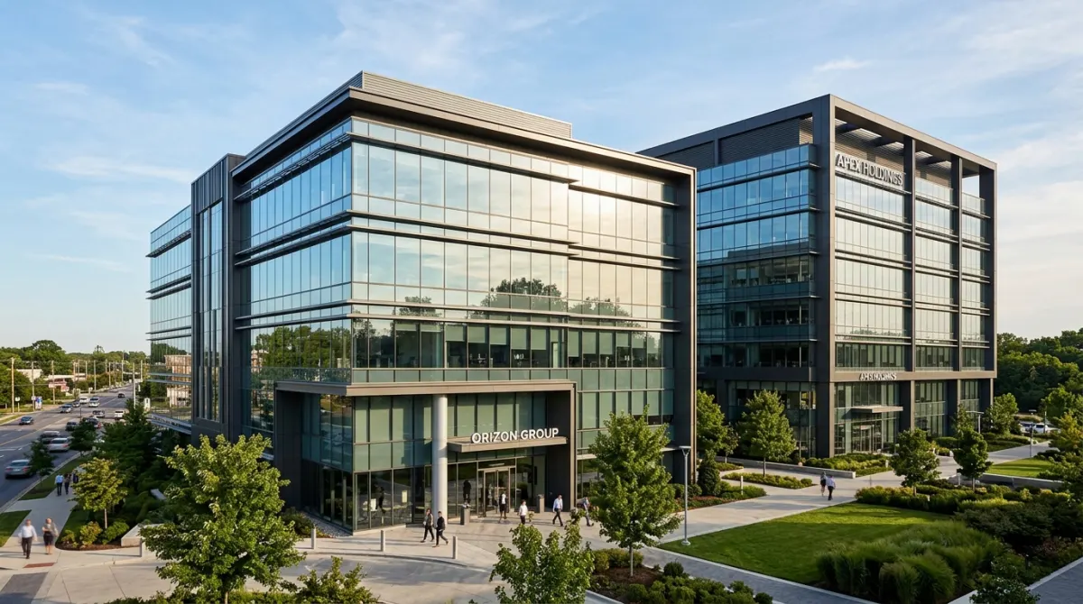 Two modern commercial buildings layered in depth representing first and second charge positions