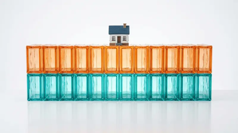 Layered glass blocks with model house representing first and second charge positions