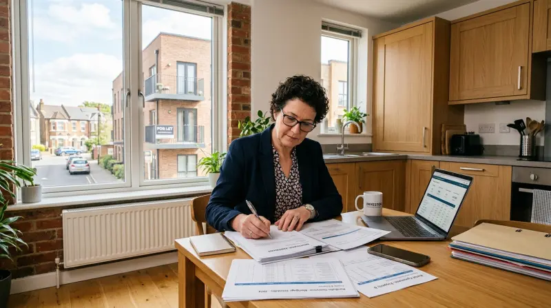 Property investor reviewing portfolio documents in a modern apartment