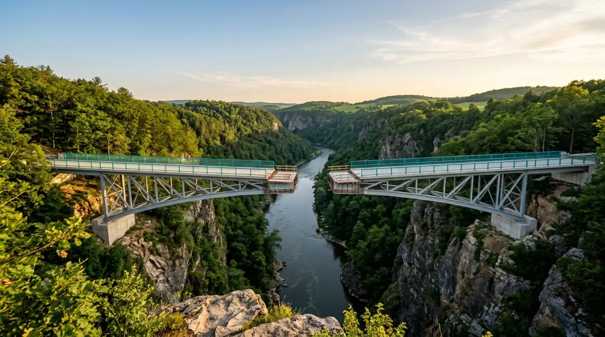 Modern glass bridge connecting two commercial buildings, symbolising bridging finance