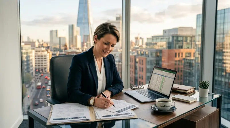 Property investor reviewing documents at a desk with commercial building visible through the window