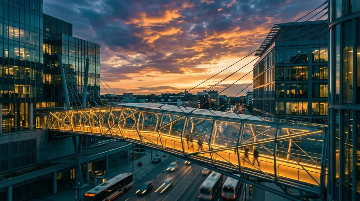 Modern glass and steel bridge with warm golden light representing transparent bridging finance
