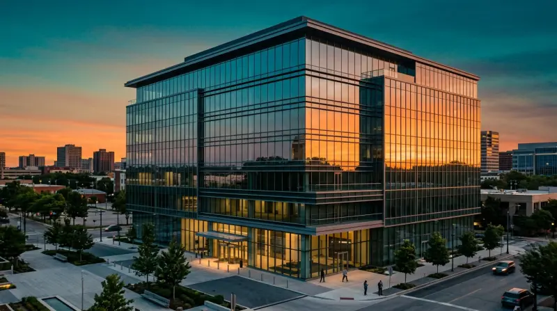 Transparent glass building reflecting morning light representing fee transparency