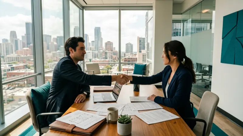 Property investor shaking hands with finance professional in modern office