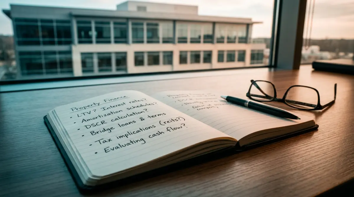 Open notebook with property finance questions and a pen on a desk with commercial building visible through window