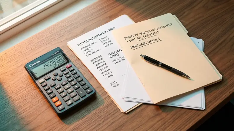 Calculator showing bridging loan figures on desk beside property documents