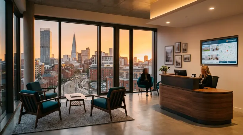 Modern office reception area of a property finance company with city skyline view