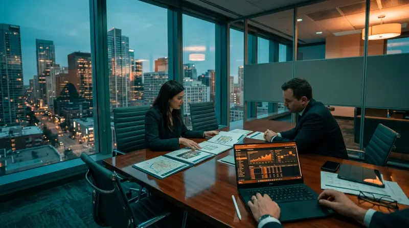 Modern office meeting room with two professionals reviewing property finance documents across a desk