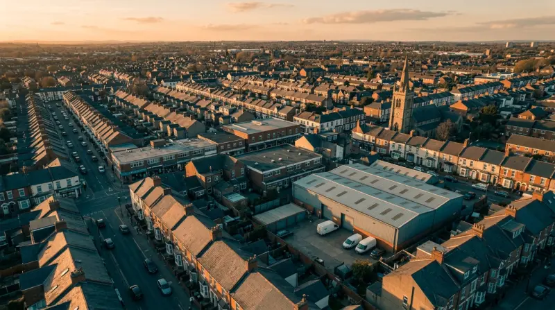 Aerial view of mixed residential and commercial property rooftops across an English city representing diverse property security types