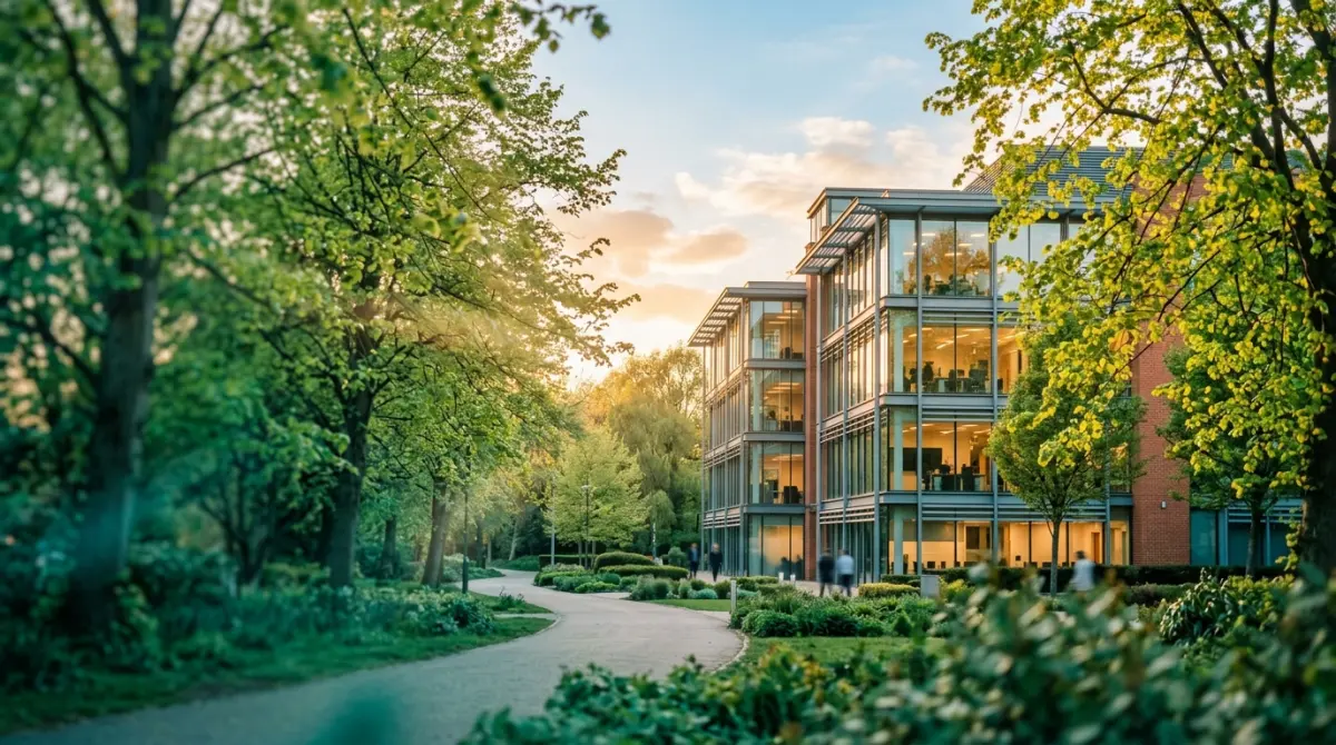 Fresh spring foliage with golden light over a modern commercial property — Mallard Bridging Spring Offer 2026