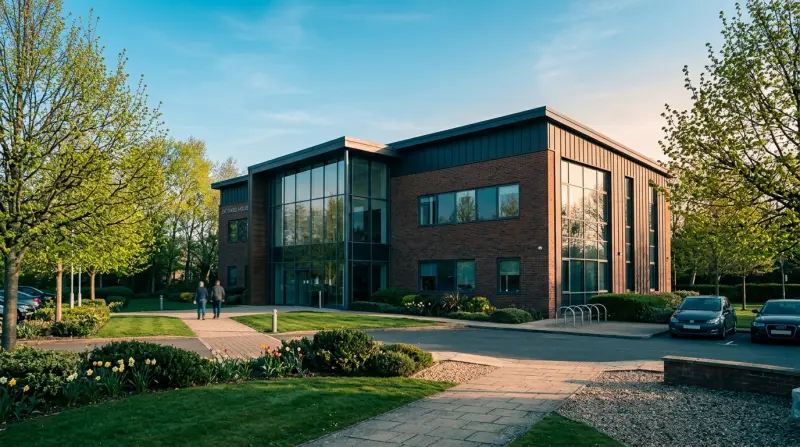 Modern UK commercial property exterior in spring morning light with fresh foliage
