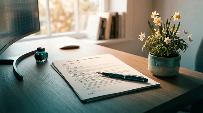 Indicative bridging loan terms document on a desk with fountain pen and spring plant